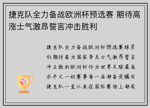 捷克队全力备战欧洲杯预选赛 期待高涨士气激昂誓言冲击胜利